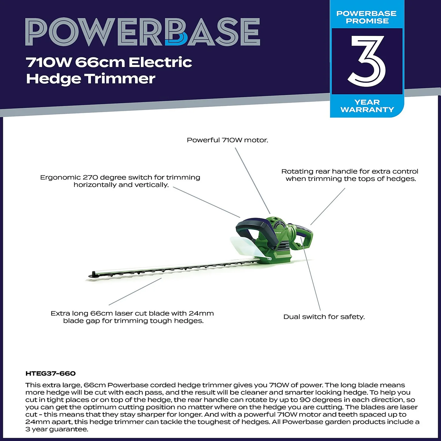 Powerbase 710W Electric Hedge Trimmer - 66cm 4 Powerbase 710W Electric Hedge Trimmer - 66cm - Image 2
