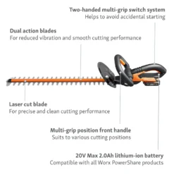 Worx WG260E.5 20V 2.0Ah Cordless Hedge Trimmer - 61cm -Home Improvement Shop 13326412 9914900646513268